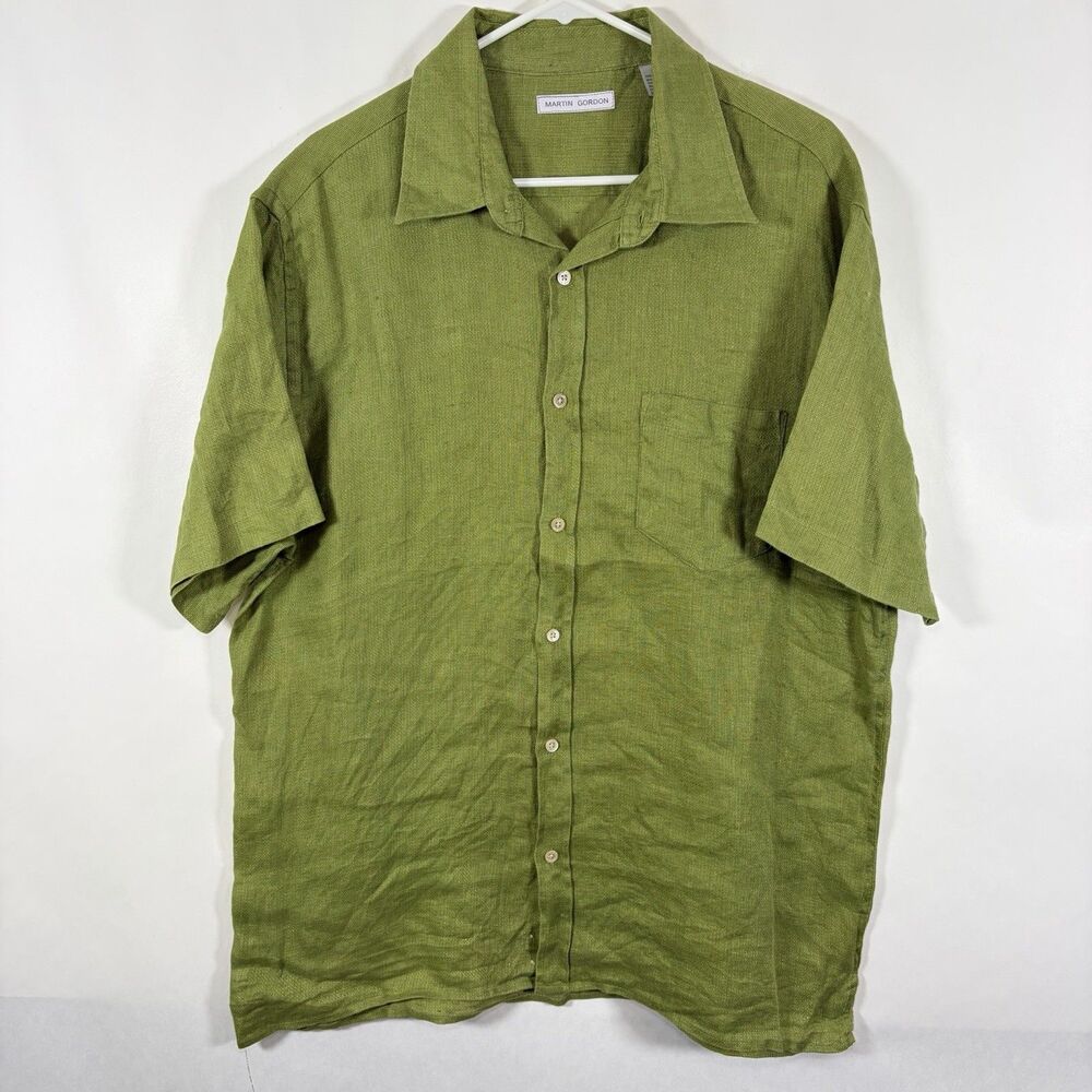 MARTIN GORDON Short Sleeve Button Up 100% Linen Shirt Mens Size XL Green